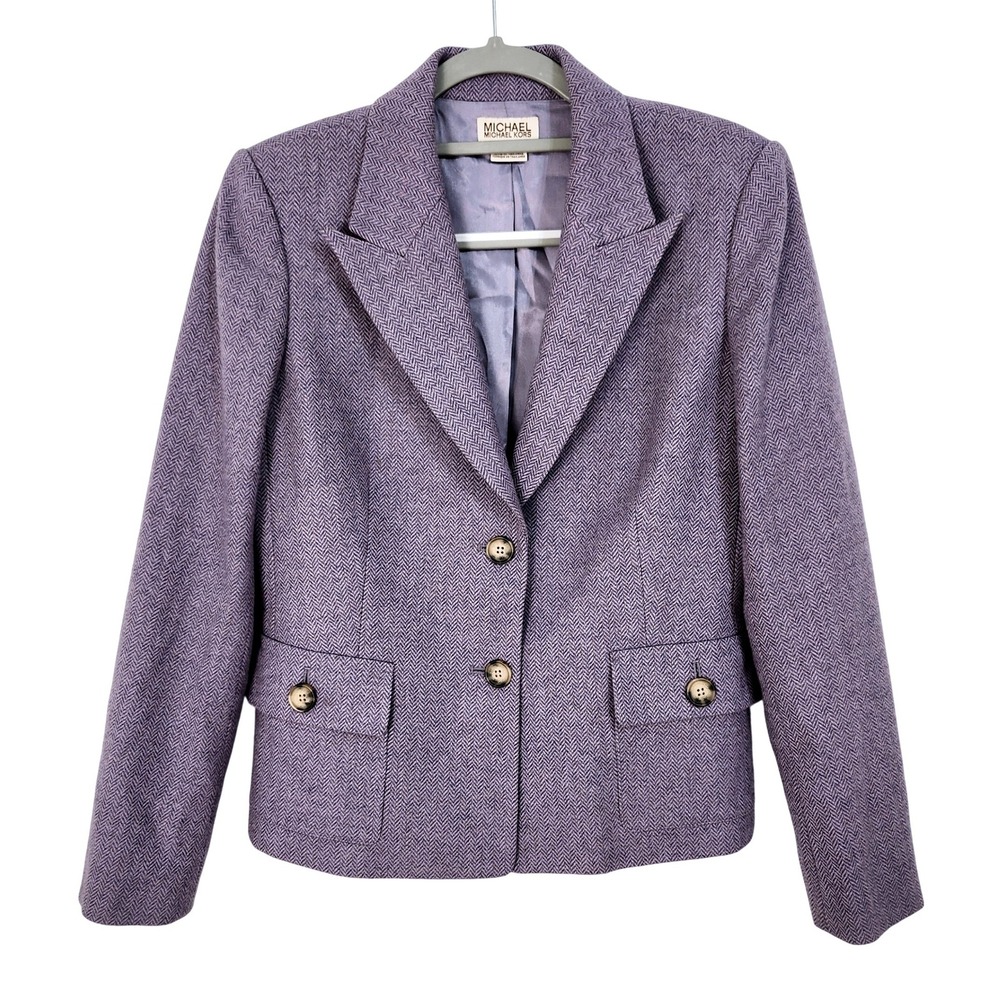 Michael Kors Wool Tweed Blazer Size 8 Purple Herringbone‎ Career Preppy Classic